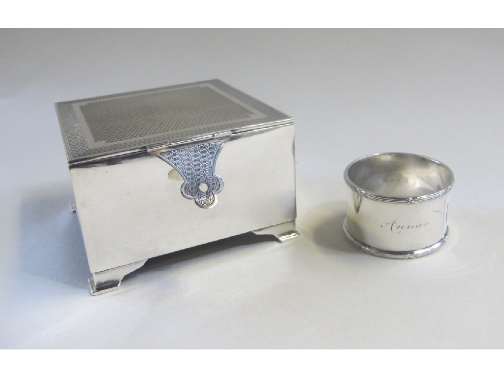 Appraisal: Lot comprising silver cigarette box and a silver napkin ring