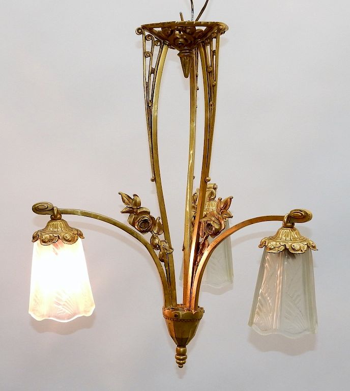 Appraisal: French Art Nouveau Gilt Bronze Arm Chandelier France th Century