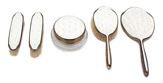 Appraisal: A Five-Piece English Silver and Enamel Vanity Set A Five-Piece