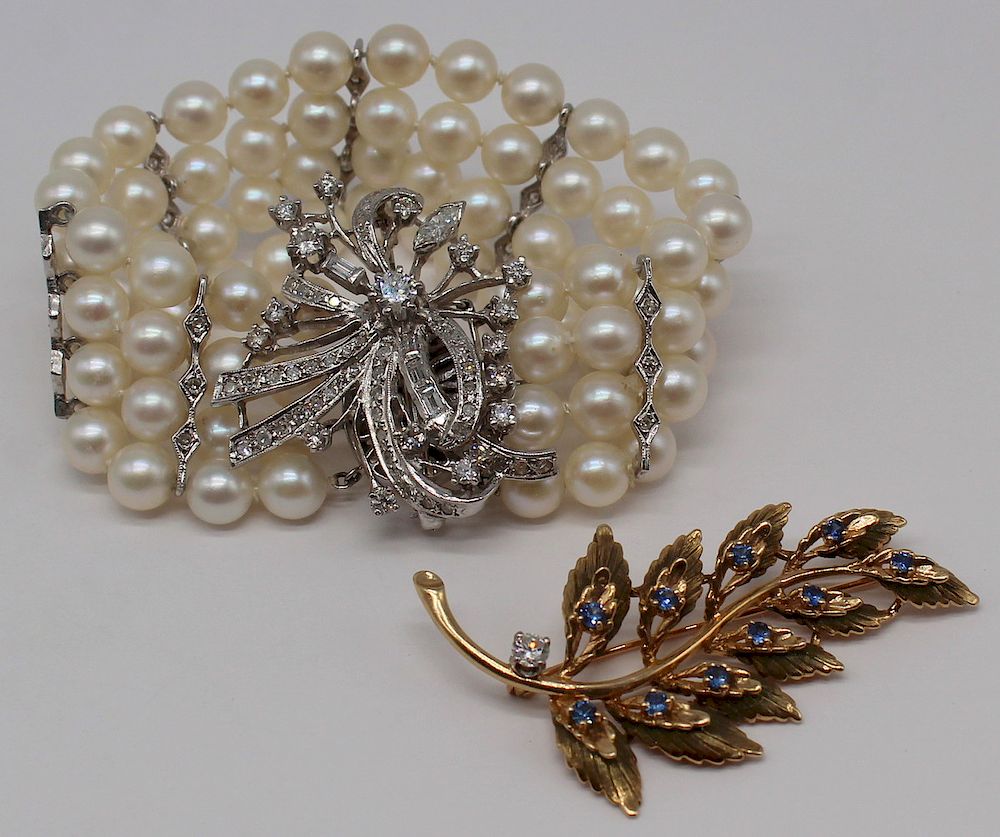 Appraisal: JEWELRY kt Gold Diamond and Pearl Bracelet Vintage kt white