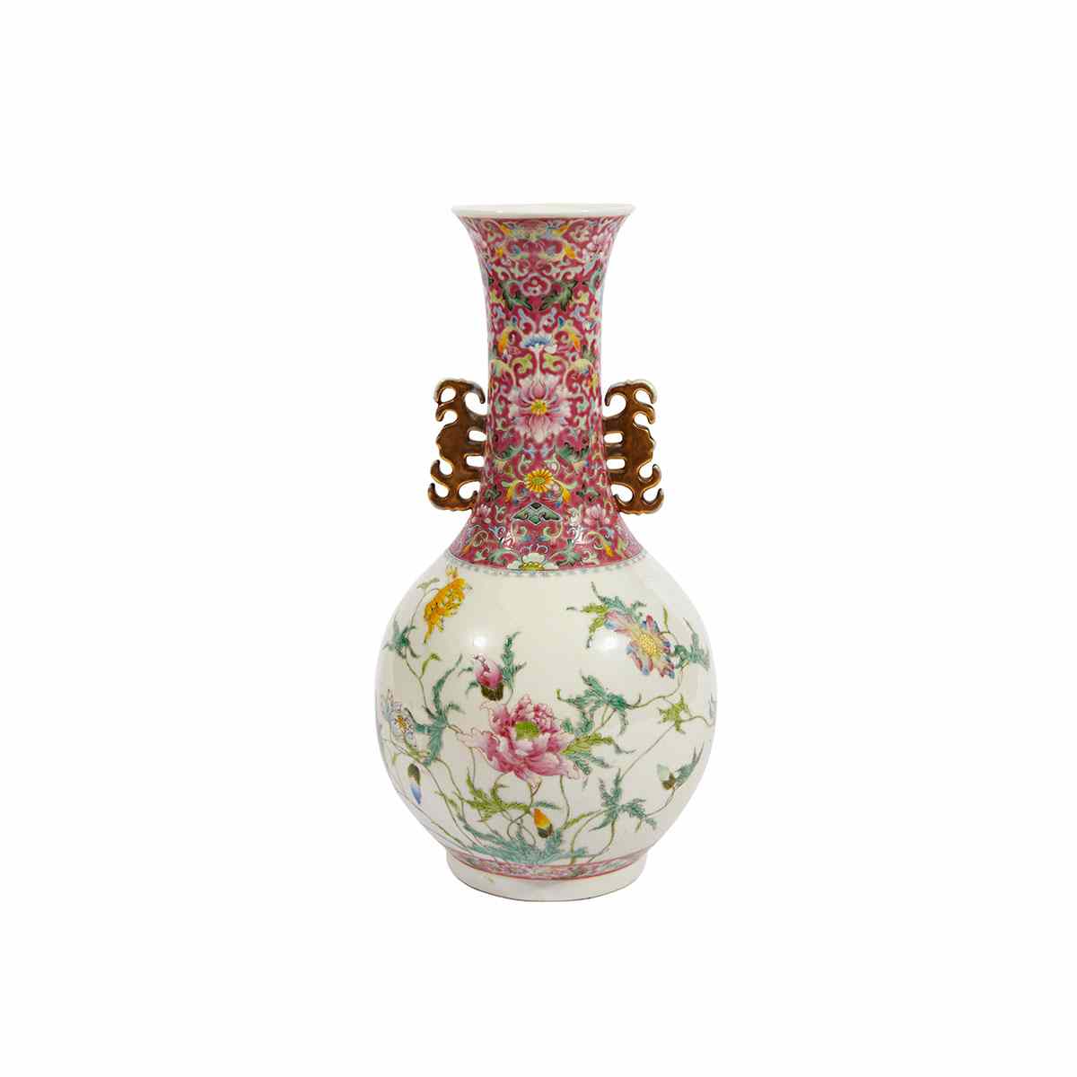 Appraisal: Famille Rose Floral Vase Qianlong Mark The bulging body with