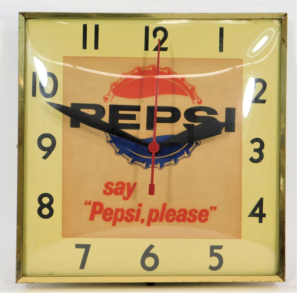 Appraisal: SQUARE LIGHTED PEPSI ADVERTISING CLOCK United States th CenturyFace reads