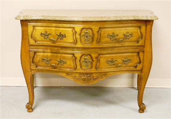 Appraisal: French brown marble top commode serpentine front mahogany cabriole legs