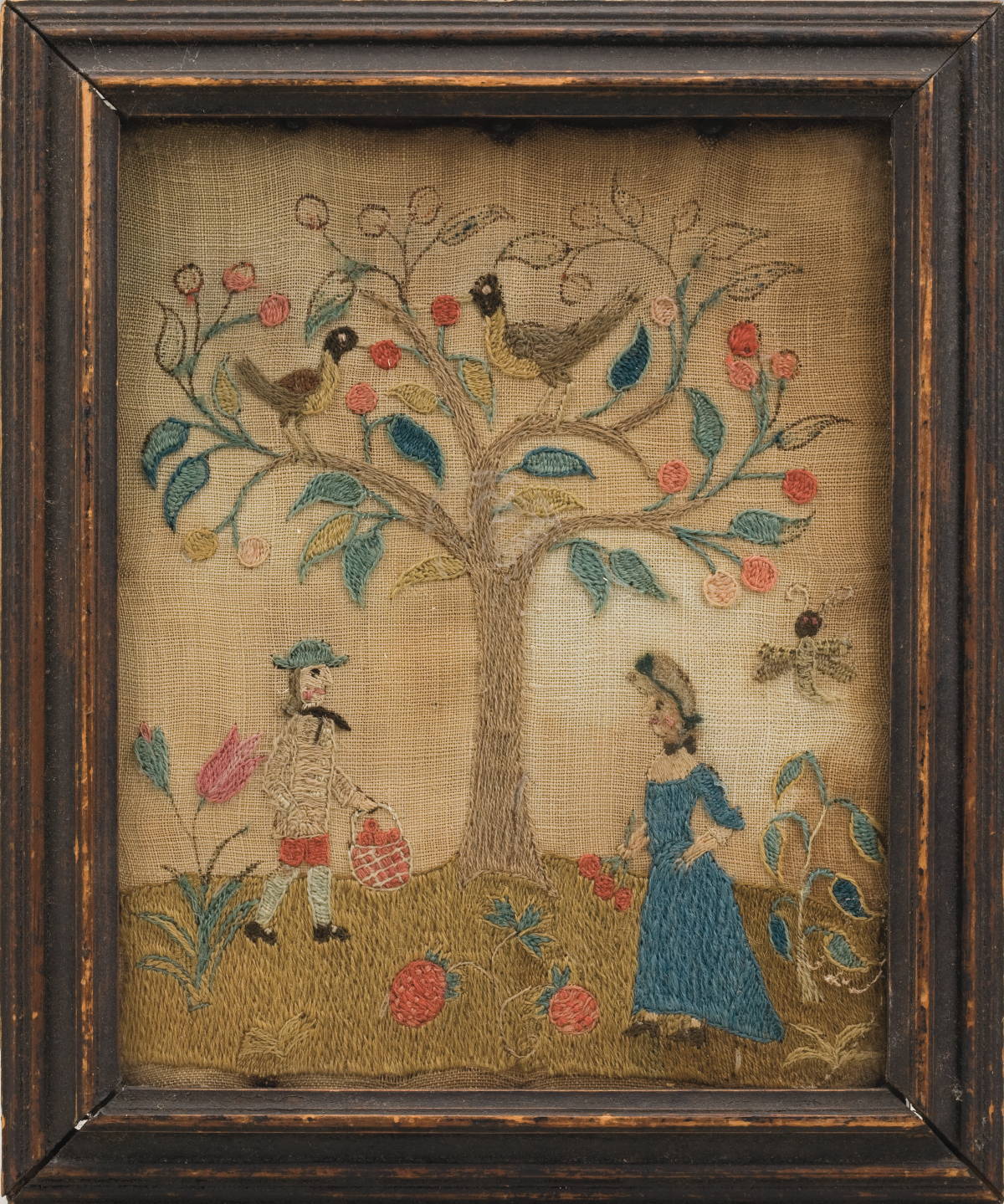 Appraisal: FRAMED CREWELWORK OF A COUPLE UNDER A FRUIT TREE WITH