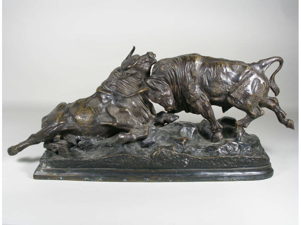 Appraisal: Hollow Cast Bronze Sculpture Of Fighting Bulls signed S PAMMA