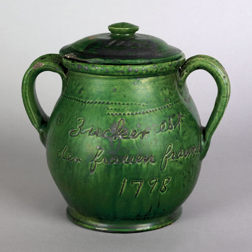 Appraisal: Pennsylvania redware covered sugar dated inscribed Zucker est der frauen