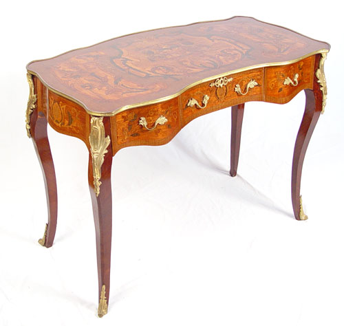 Appraisal: FRENCH STYLE ORMOLU BUREAU PLAT DESK drawers inlaid marquetry floral