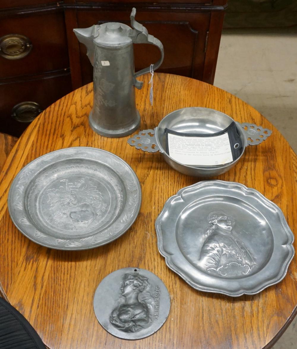 Appraisal: Continental Pewter Flagon Porringer and Two Plates