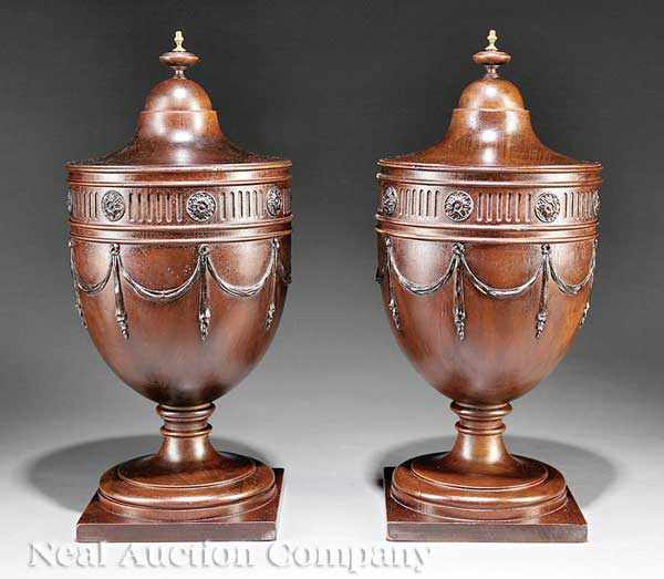 Appraisal: A Pair of Adams-Style Mahogany Urn-Form Knife Boxes with brass