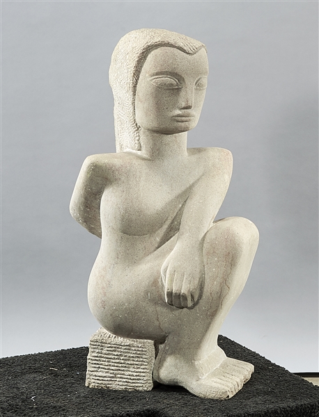 Appraisal: Gray stone sculpture of a reclining Native American woman by