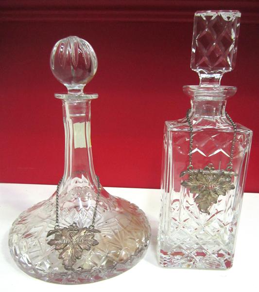 Appraisal: TWO CUT GLASS DECANTERS WITH SPIRIT LABELS TWO CUT GLASS