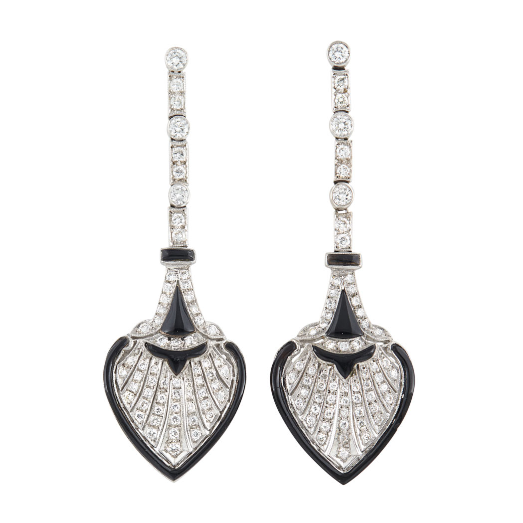 Appraisal: Pair of White Gold Diamond and Black Onyx Pendant-Earrings kt