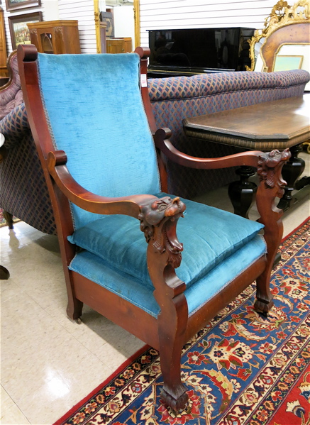 Appraisal: MAHOGANY EMPIRE REVIVAL ARMCHAIR American c with blue upholstery and