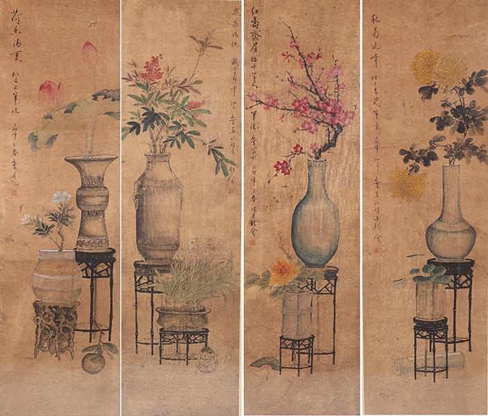 Appraisal: Each with flowering plants and vases each signed with seal