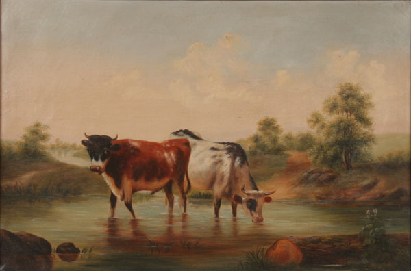 Appraisal: Jacob Cox American - two cows drinking from the pond