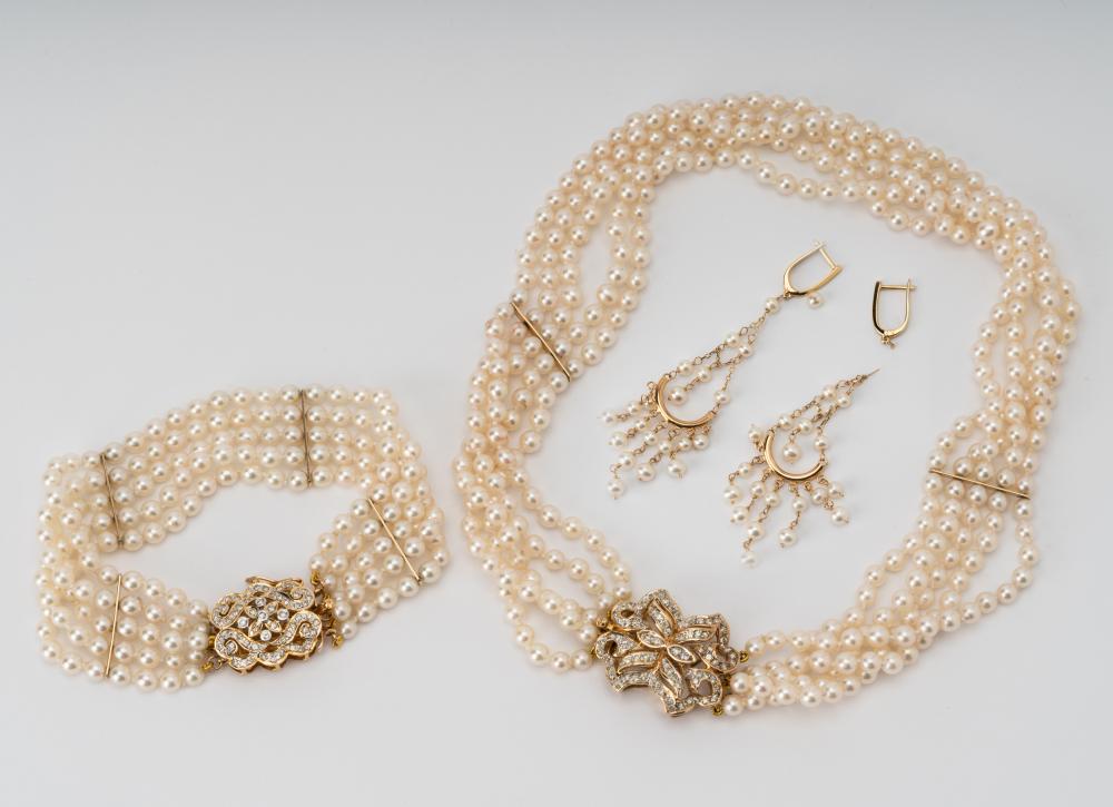 Appraisal: SUITE OF PEARL JEWELRYIncluding one pair karat yellow gold drop-style