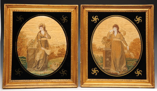 Appraisal: A PAIR OF EARLY TH CENTURY OVAL SILK WORK PANELS