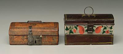 Appraisal: Leather and tole boxes toleware box with band of painted