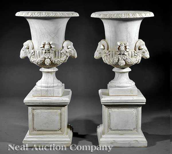 Appraisal: A Pair of Italian Neoclassical-Style Carved Marble Urns everted egg