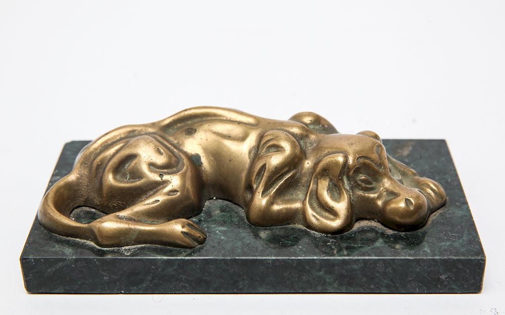 Appraisal: Brass Sleeping Dog Desk Sculpture w Marble Brass sleeping dog