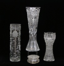 Appraisal: Lot of Cut Crystal and Glass Vases and a Dresser