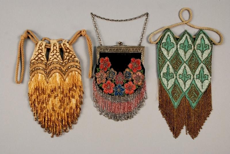 Appraisal: THREE UNUSUAL BEADED SILK FAILLE BAGS EARLY th C One