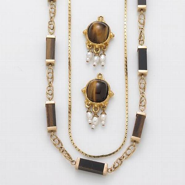 Appraisal: A collection of tiger's eye cultured pearl and k gold