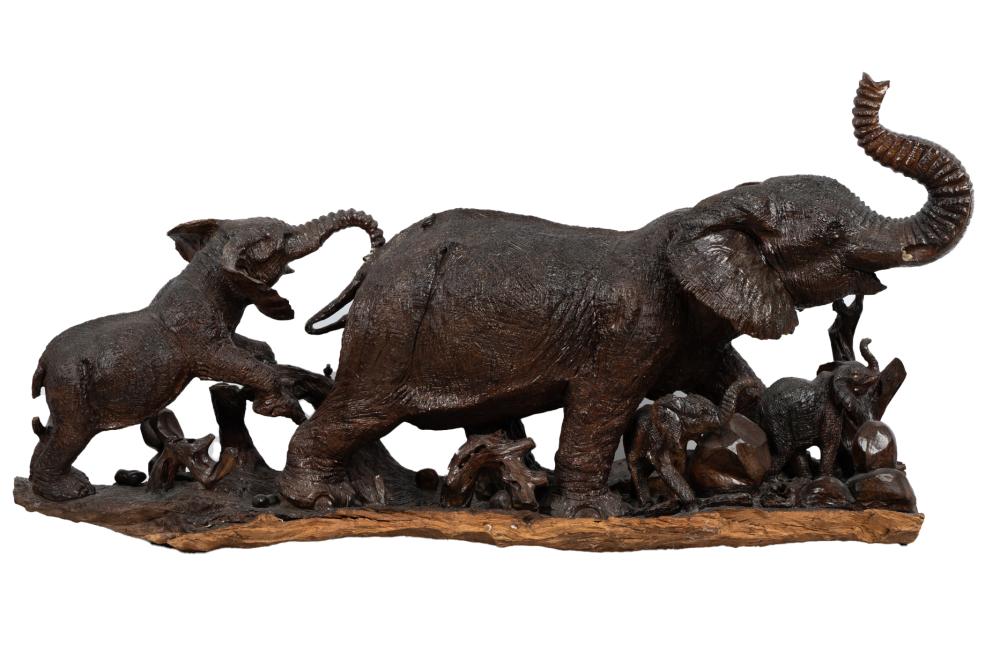 Appraisal: CARVED WOOD ELEPHANT GROUPCondition with splits and cracking Tusks missing