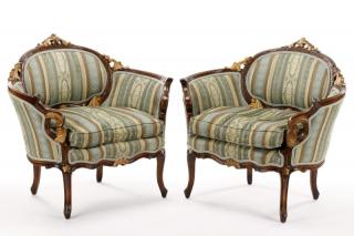 Appraisal: Pair Carved Walnut Louis XV Style Low Armchairs Continental likely