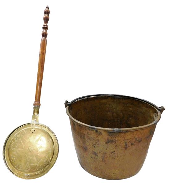 Appraisal: th C brass pail and bedwarmer pail with wrought iron