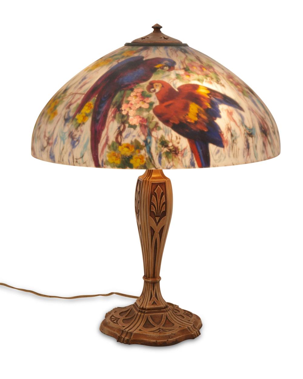 Appraisal: A Handel reverse-painted glass Parrot table lamp Crica s- s