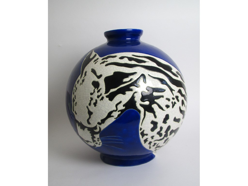 Appraisal: A Longwy Panther vase designed by Dunillo Cunetti no printed