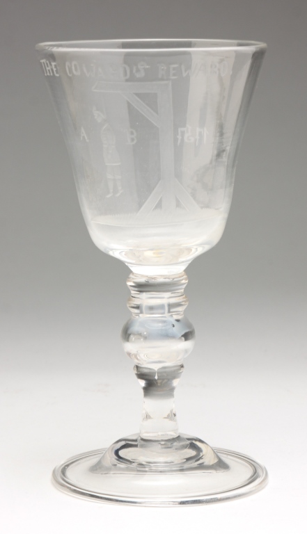 Appraisal: ENGLISH ENGRAVED WINE GLASS Mid th century Foot has folded