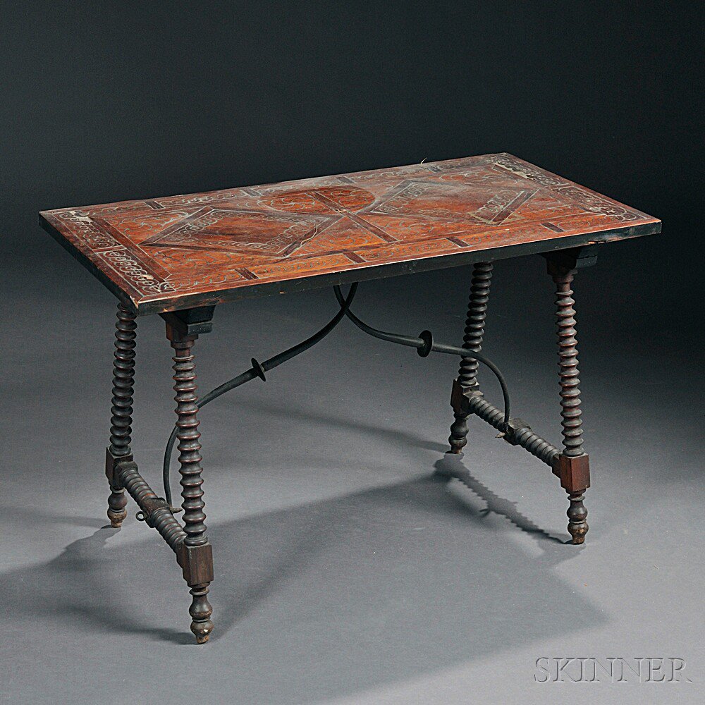 Appraisal: Iberian Brass-inlaid Rosewood Trestle Table th th century the top