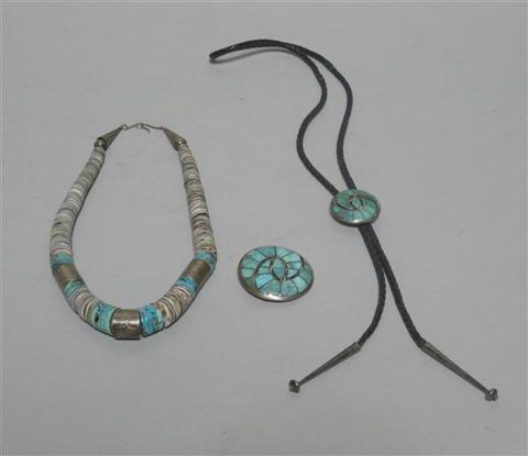 Appraisal: COLLECTION NATIVE AMERICAN SILVER TURQUOISE JEWELRY Including a leather bolo