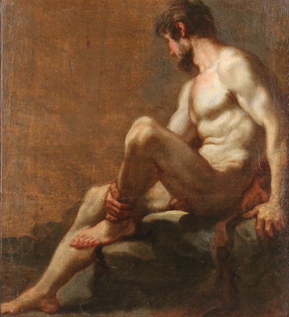 Appraisal: TH CENTURY MALE NUDE Oil on canvas laid on board