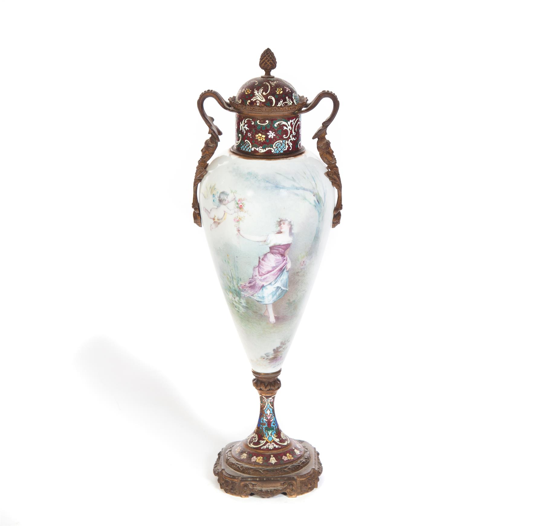 Appraisal: HAND PAINTED PORCELAIN COVERED URN WITH CHAMPLEVE MOUNTS France ca