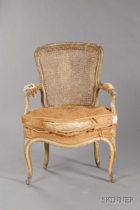 Appraisal: Louis XV Painted and Part Cane Fauteuil en Cabriolet third