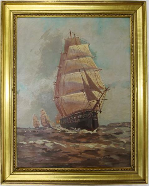 Appraisal: J SNYDER OIL ON CANVAS naval battle with tall ships