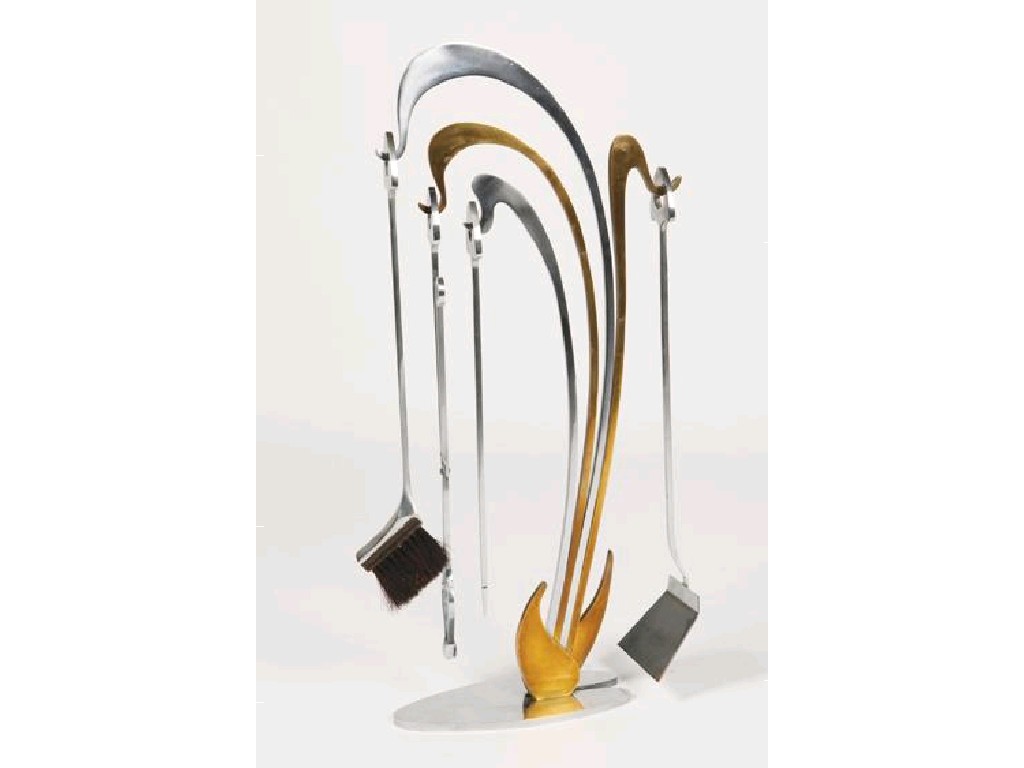 Appraisal: A SET OF CHROME AND BRONZED MODERNIST FIRE IRONS comprising