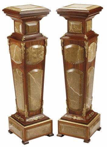 Appraisal: pair French mahogany pedestals with bronze mounts marble plaques approx