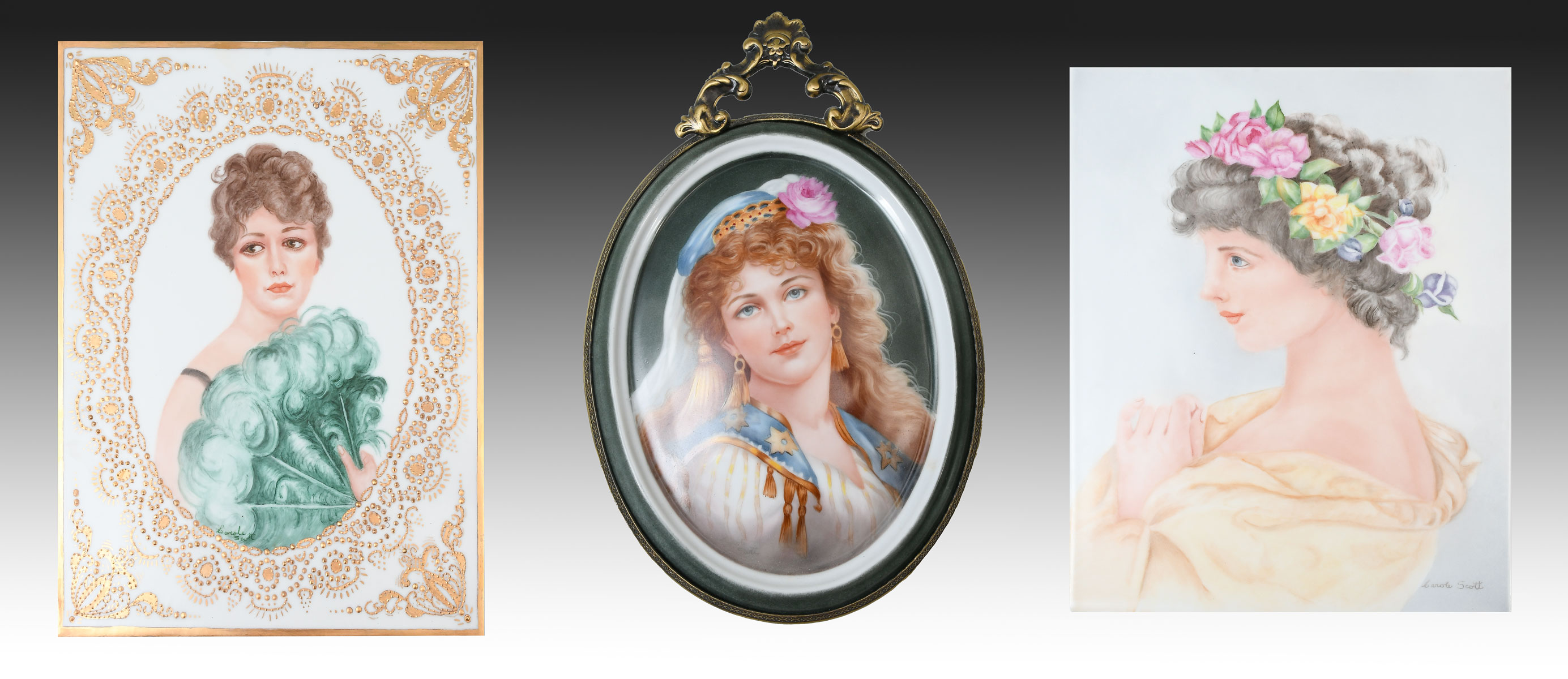 Appraisal: THREE CAROLE SCOTT PAINTED PORCELAIN PLAQUES OF YOUNG BEAUTIES Woman