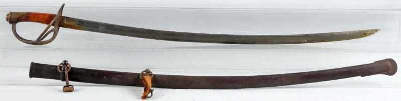 Appraisal: Military Battle Sword with Scabbard Description Wooden handle with brass