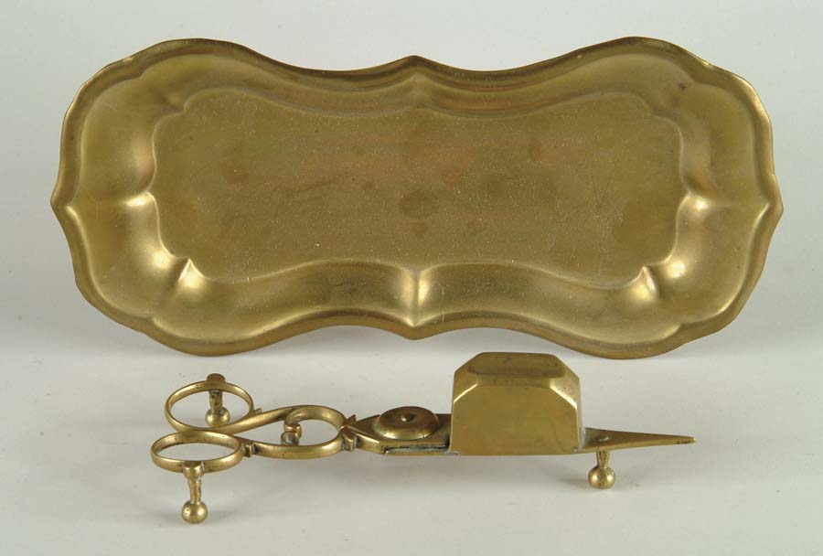 Appraisal: BRASS WICK TRIMMER AND TRAY Standard form with shaped tray