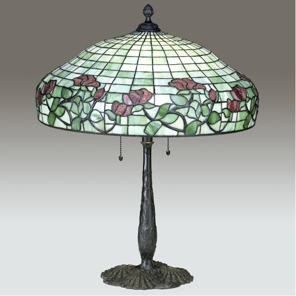 Appraisal: GORHAM Table lamp its leaded glass shade with red roses