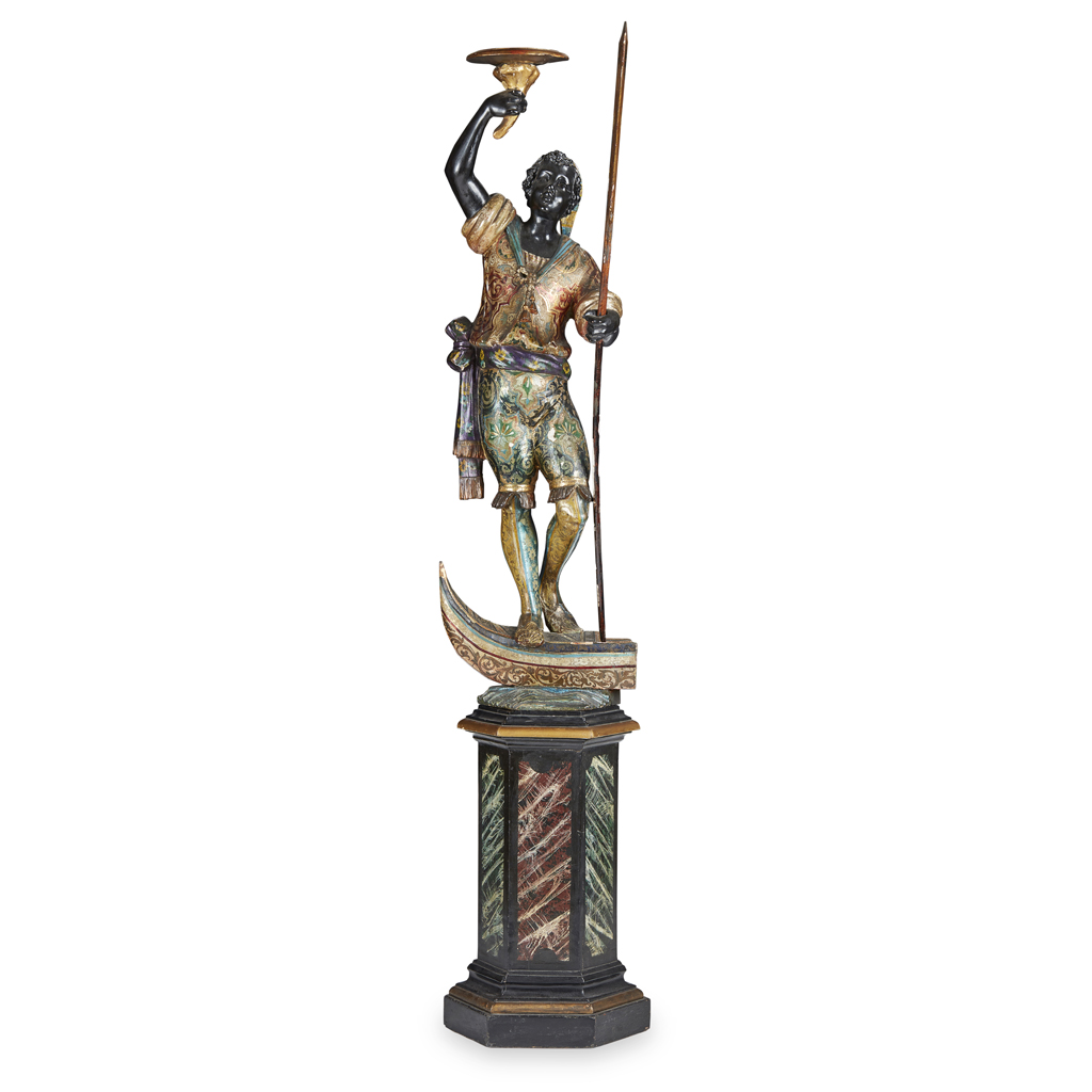 Appraisal: VENETIAN CARVED POLYCHROMED AND GILT BLACKAMOOR TORCHERE TH CENTURY the