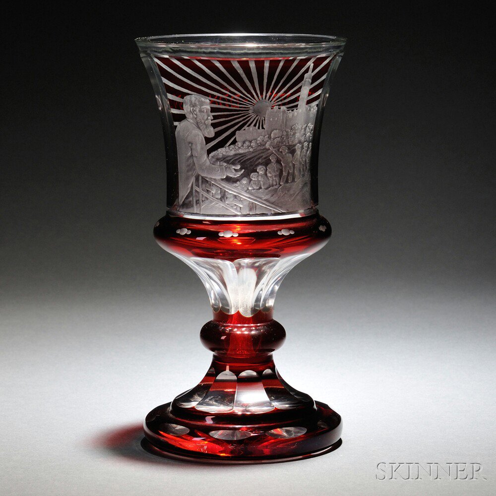 Appraisal: Bohemian Engraved Ruby Glass Goblet early th century engraved with