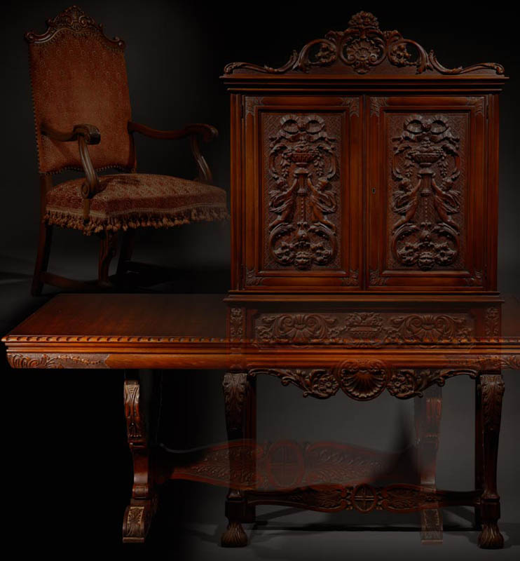 Appraisal: An Italian Baroque style walnut dining suite An Italian Baroque