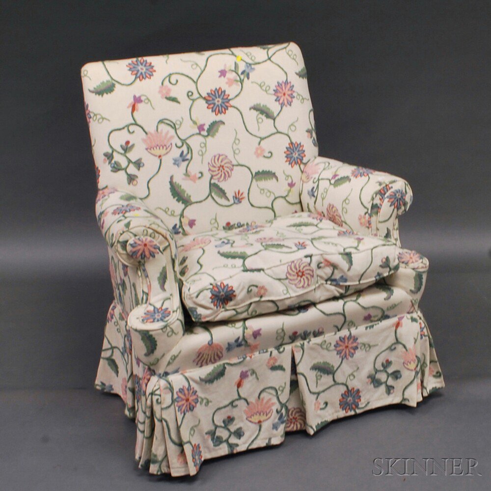 Appraisal: Queen Anne-style Crewelwork-upholstered Easy Chair th century ht wd dp