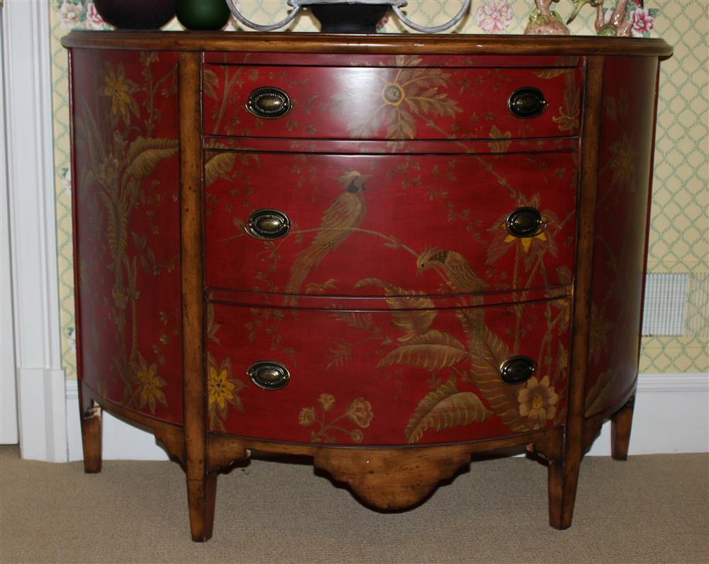 Appraisal: LOUIS XIV STYLE CHINOISERIE PAINTED DEMILUNE COMMODE TOGETHER WITH A